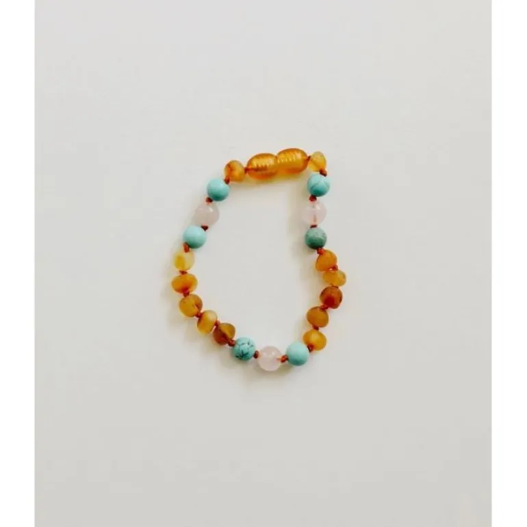 Canyonleaf Raw Honey Baltic Amber + Turquoise + Rose Quartz 5" Baby Bracelet