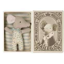 Maileg Sleepy Wakey Baby Boy Mouse In Matchbox-Blue