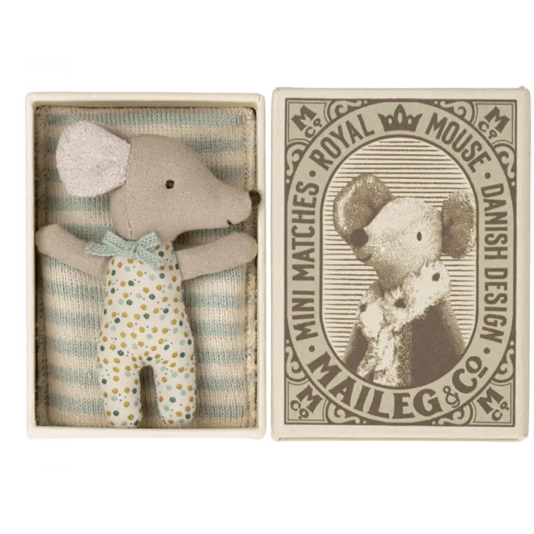 Maileg Sleepy Wakey Baby Boy Mouse In Matchbox-Blue