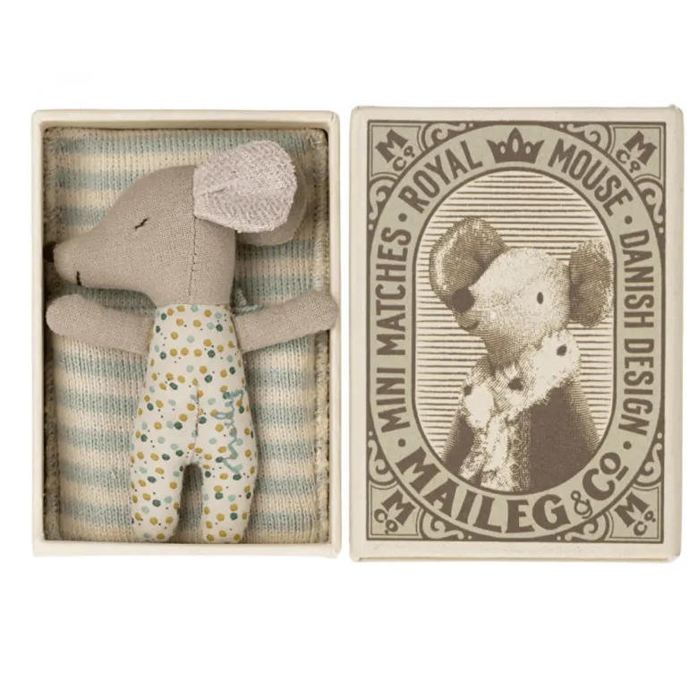 Maileg Sleepy Wakey Baby Boy Mouse In Matchbox-Blue