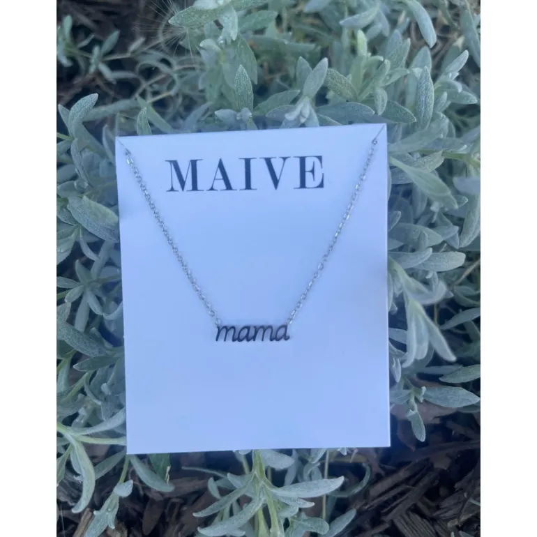 Maive Jewelry- Script Mama Necklace, Silver