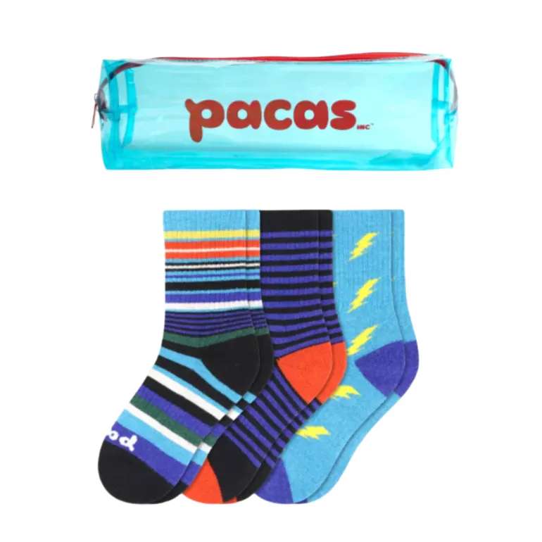Pacas Kids' Crew Socks 3 Pack- Stripes/Lightning