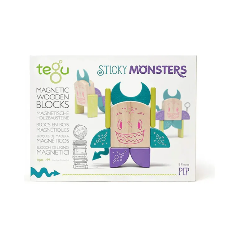 Tegu- Pip Magnetic Wooden Blocks Sticky Monsters, 8 pieces